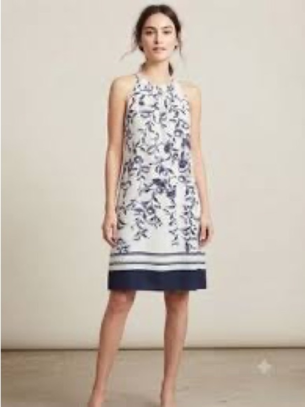 Soma White Halter Midi Dress with Navy Floral and stripe Print sleeveless